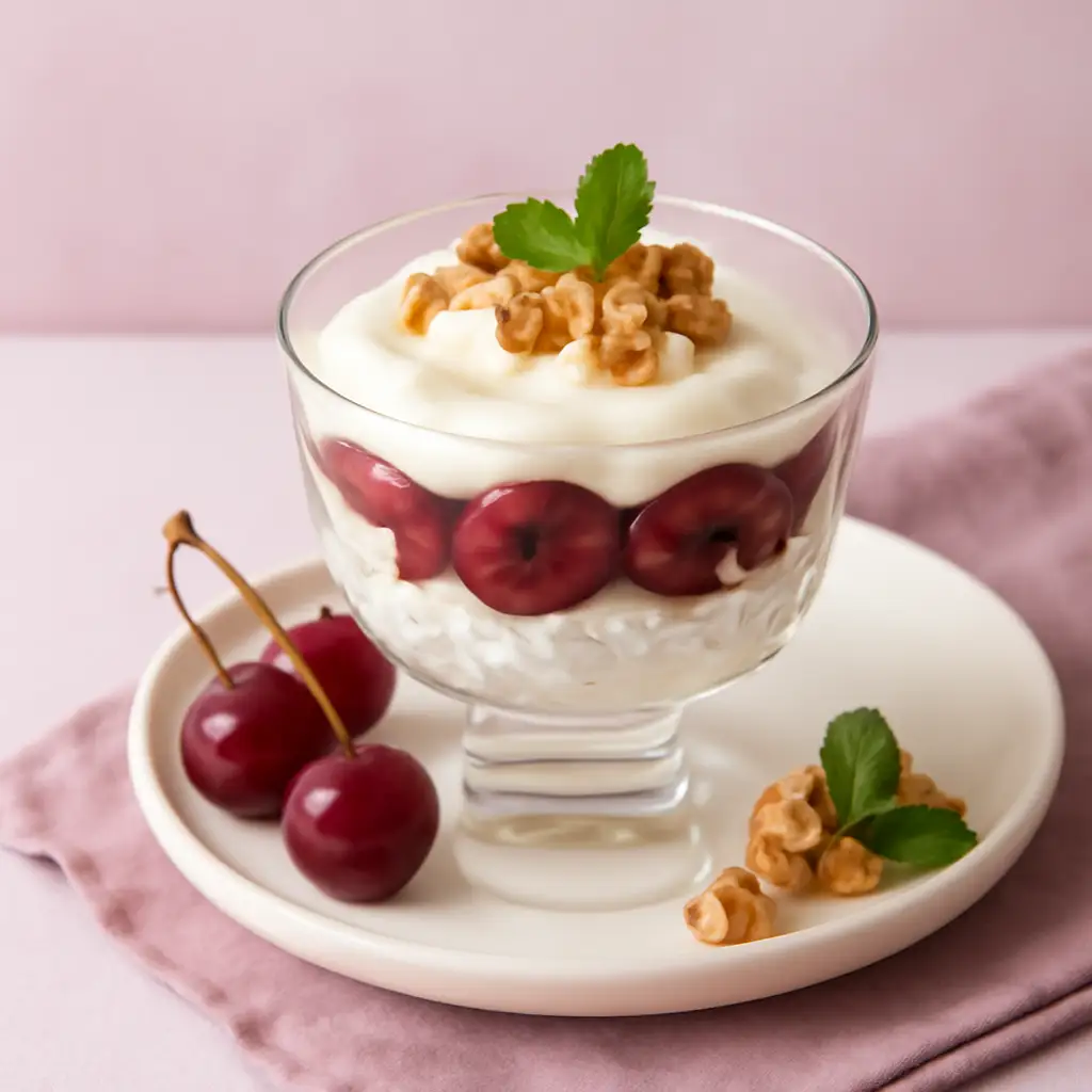 Творог с черешней, мёдом и орехами