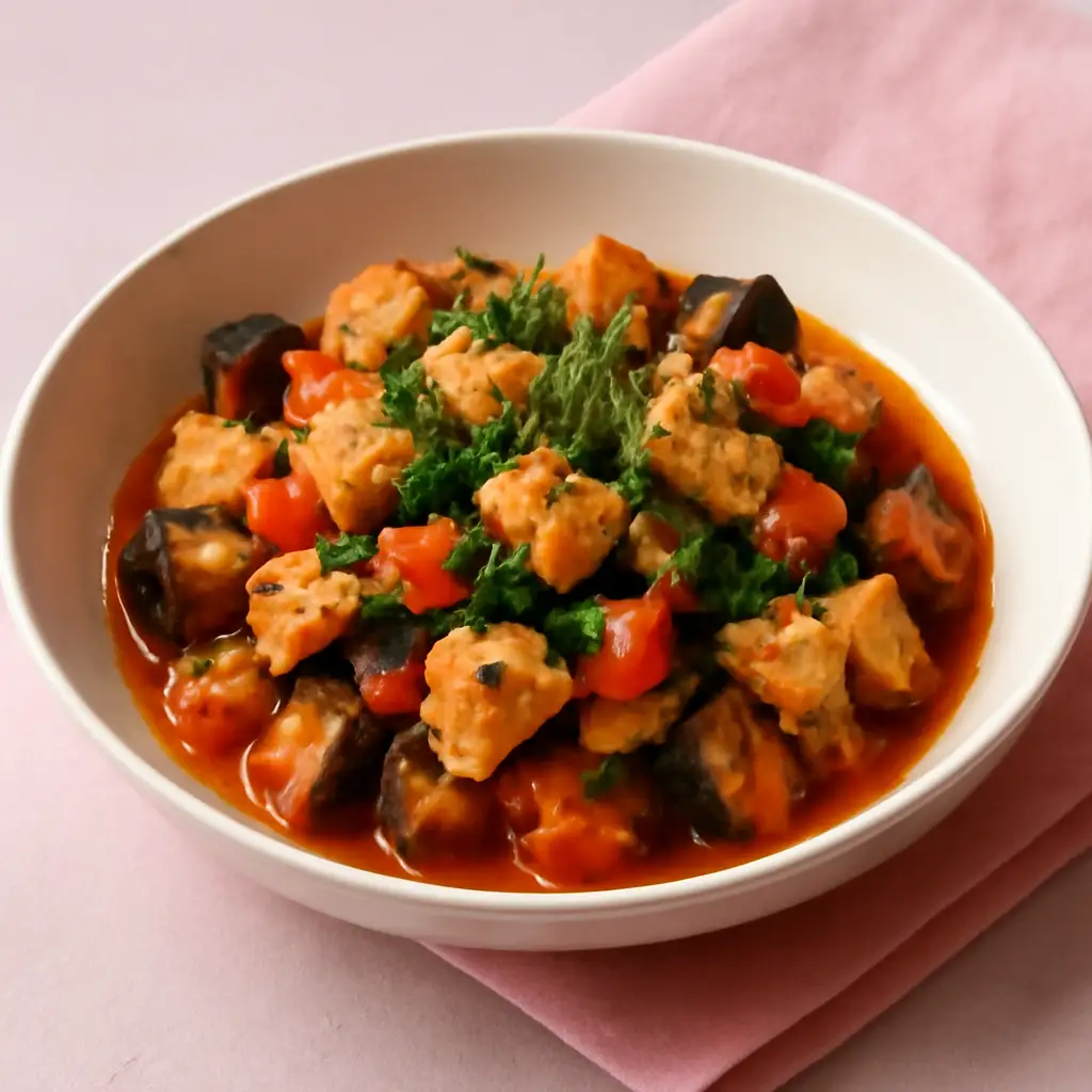 Куриная грудка, тушённая с баклажаном и томатами