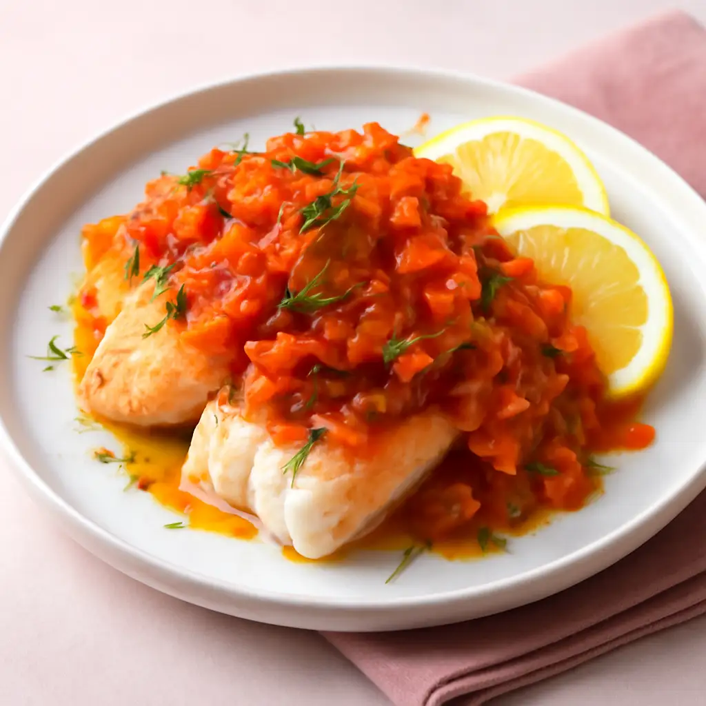 Минтай, тушённый с овощами и лимоном