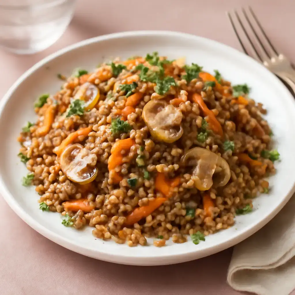 Гречка с жареными грибами и овощами (постная)