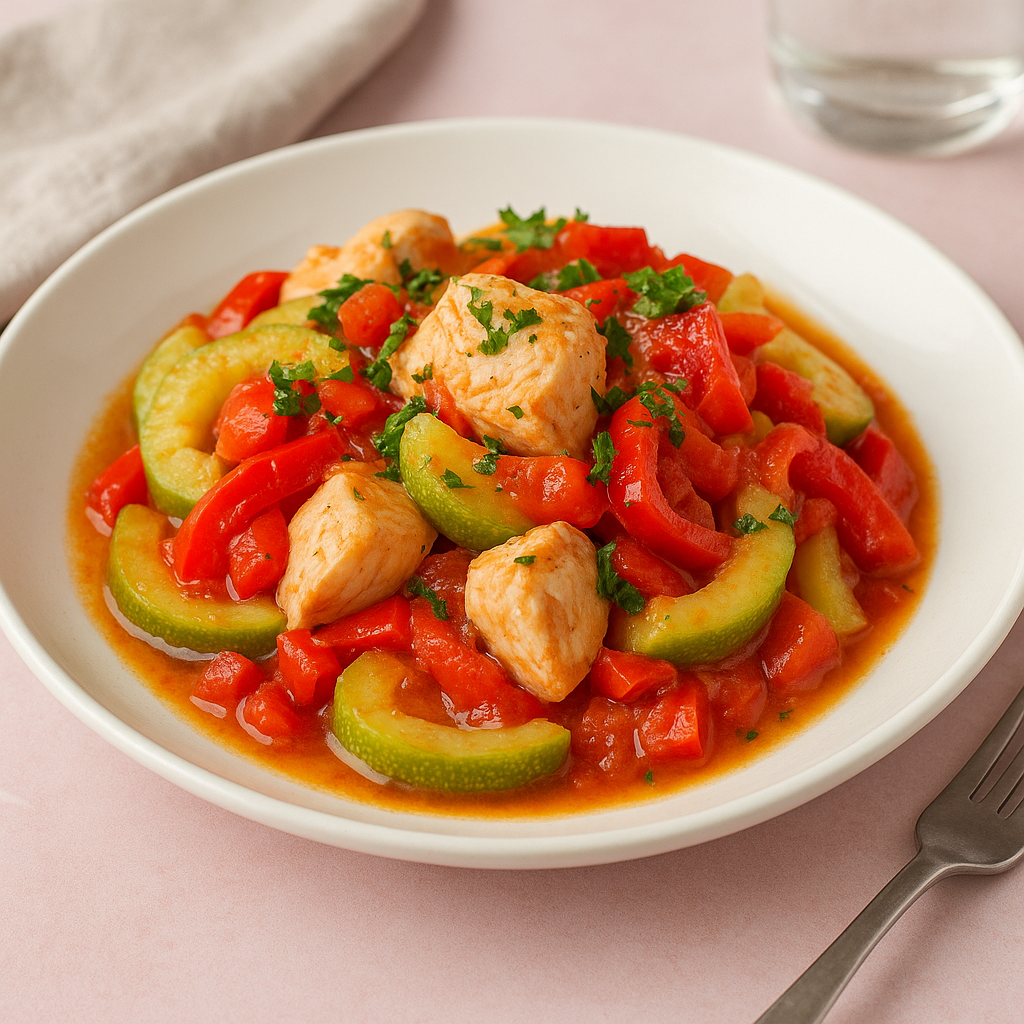 Куриное филе с тушёными овощами и зеленью на сковороде