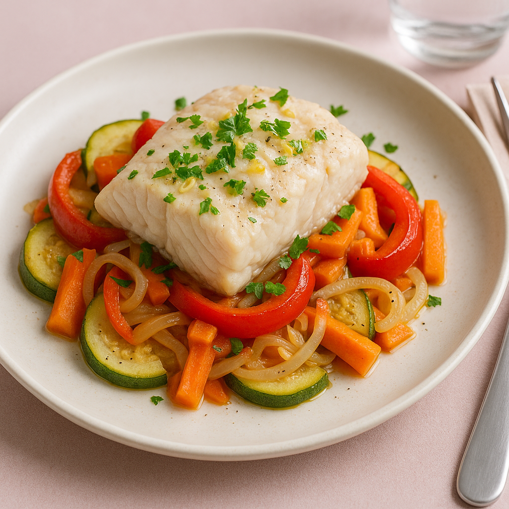Минтай, запечённый с овощами и лимоном