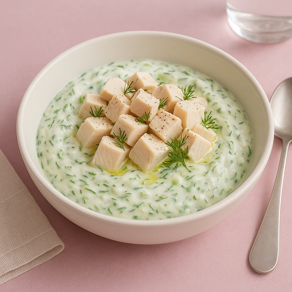 Греческий йогурт с огурцом, зеленью и куриной грудкой